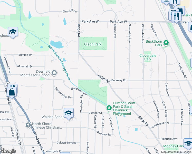 map of restaurants, bars, coffee shops, grocery stores, and more near 2125 Berkeley Road in Highland Park