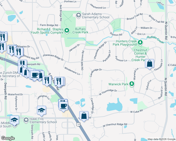 map of restaurants, bars, coffee shops, grocery stores, and more near 1004 Old Mill Grove Road in Lake Zurich