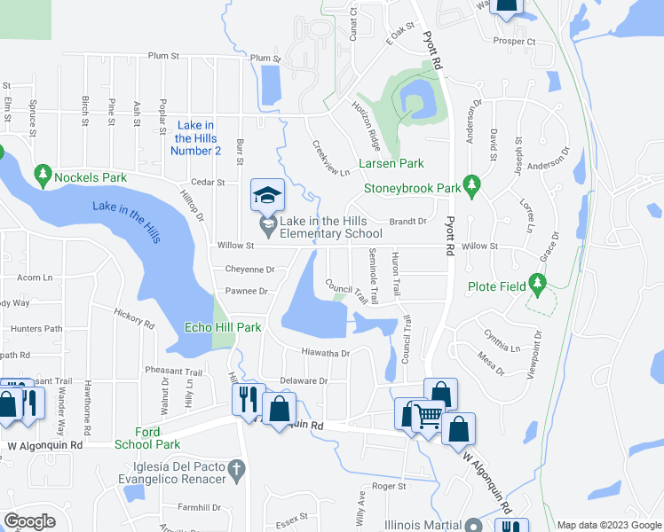 map of restaurants, bars, coffee shops, grocery stores, and more near 378 Council Trail in Lake in the Hills