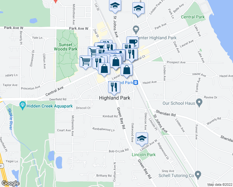 map of restaurants, bars, coffee shops, grocery stores, and more near 1601 Green Bay Road in Highland Park