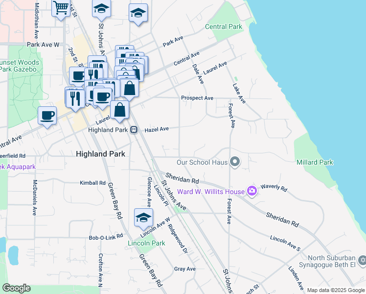 map of restaurants, bars, coffee shops, grocery stores, and more near 1635 Linden Avenue in Highland Park