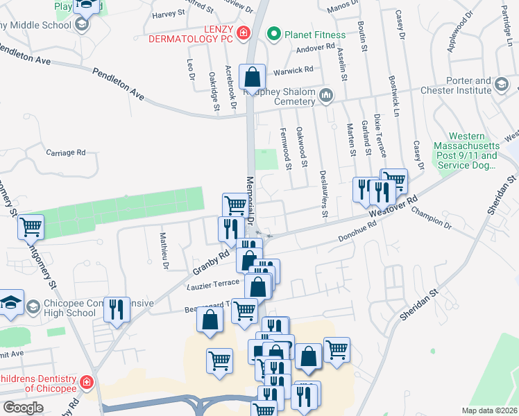 map of restaurants, bars, coffee shops, grocery stores, and more near 891 Memorial Drive in Chicopee