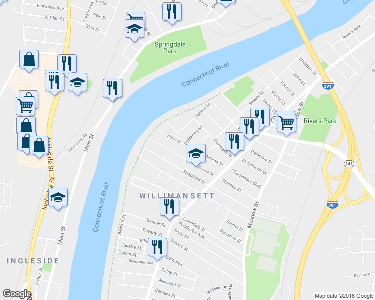 map of restaurants, bars, coffee shops, grocery stores, and more near 99 Artisan Street in Chicopee