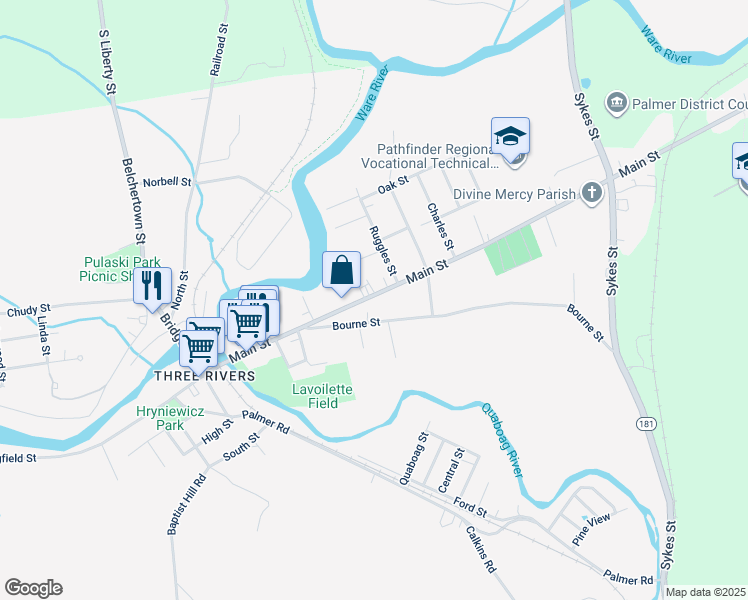 map of restaurants, bars, coffee shops, grocery stores, and more near 2131 Main Street in Palmer
