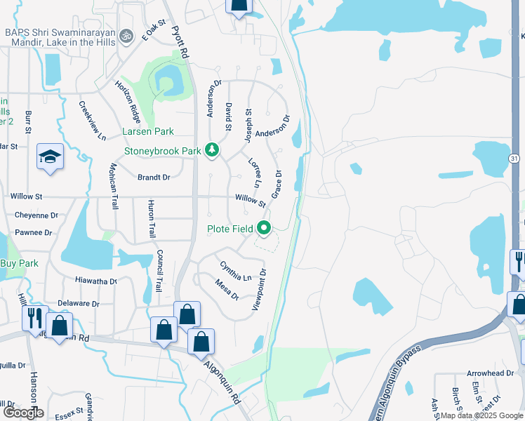 map of restaurants, bars, coffee shops, grocery stores, and more near 500 Grace Drive in Lake in the Hills