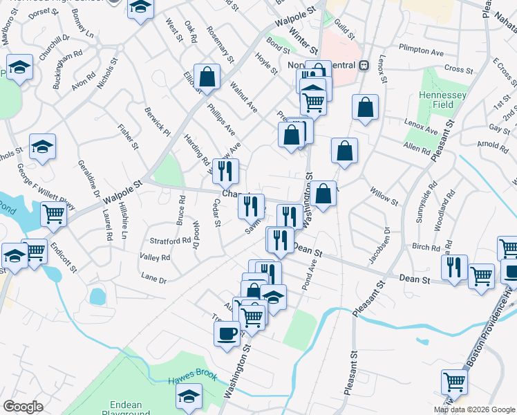 map of restaurants, bars, coffee shops, grocery stores, and more near 38 Savin Avenue in Norwood