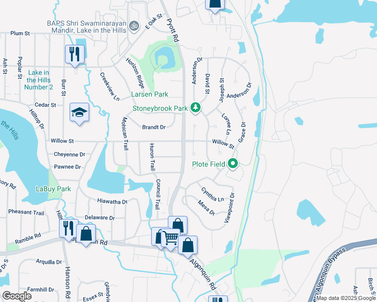 map of restaurants, bars, coffee shops, grocery stores, and more near 7 Gail Court in Lake in the Hills