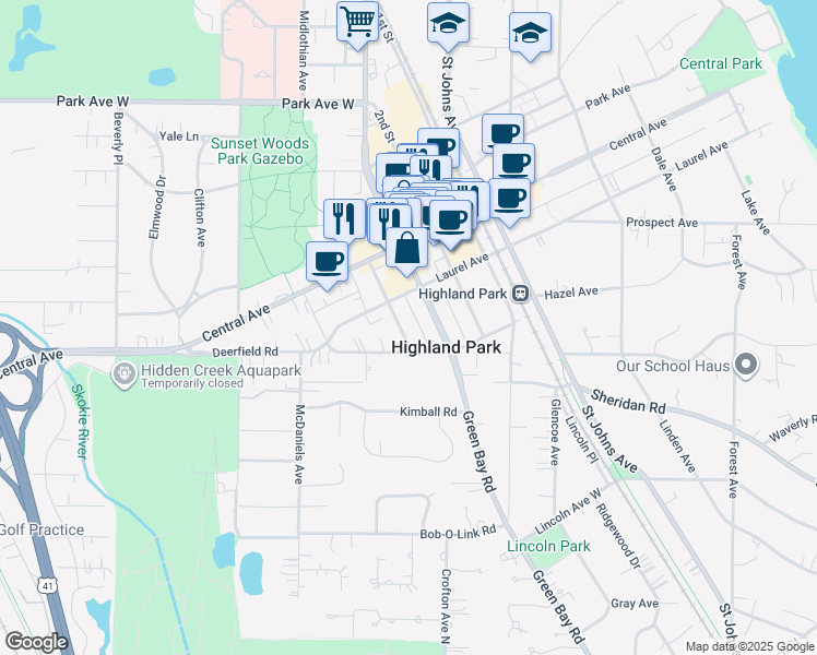 map of restaurants, bars, coffee shops, grocery stores, and more near 746 Laurel Avenue in Highland Park