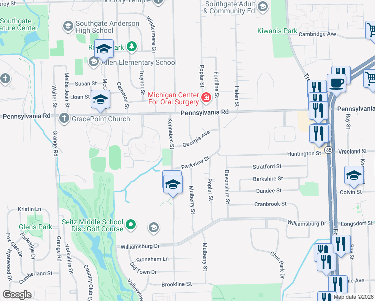 map of restaurants, bars, coffee shops, grocery stores, and more near 14720 Georgia Avenue in Riverview