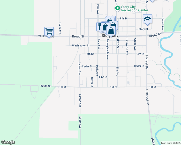 map of restaurants, bars, coffee shops, grocery stores, and more near 418 Cedar Street in Story City