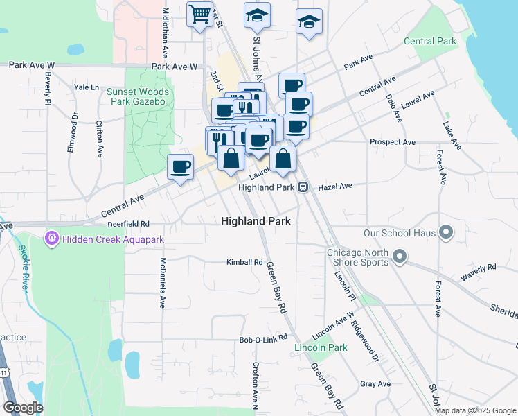 map of restaurants, bars, coffee shops, grocery stores, and more near 1601 Green Bay Road in Highland Park