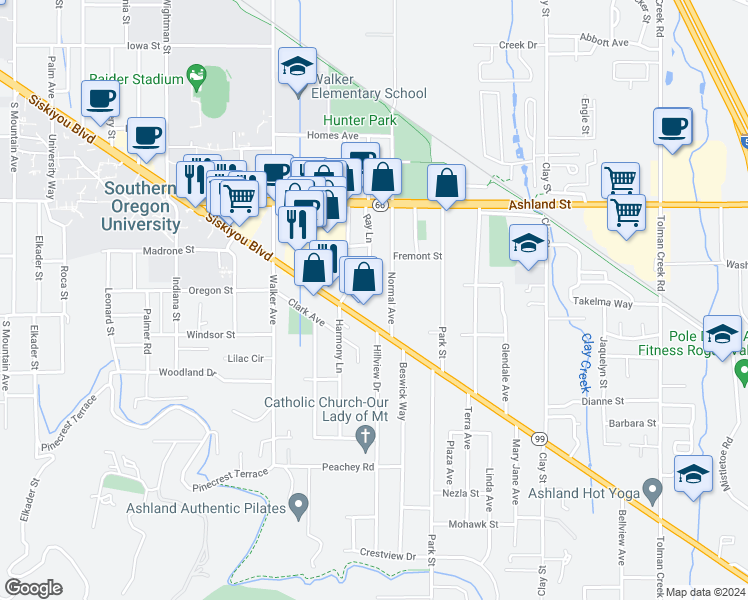 map of restaurants, bars, coffee shops, grocery stores, and more near 1745 Siskiyou Boulevard in Ashland