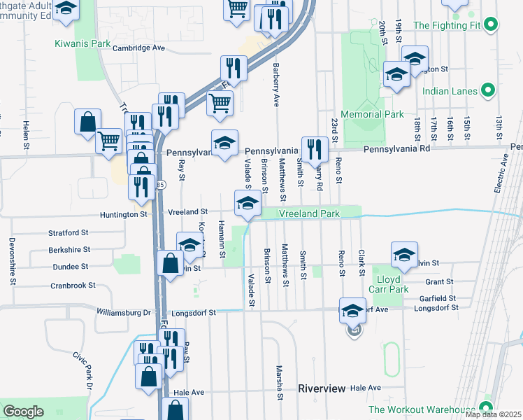 map of restaurants, bars, coffee shops, grocery stores, and more near 13010 Parkway Street in Riverview