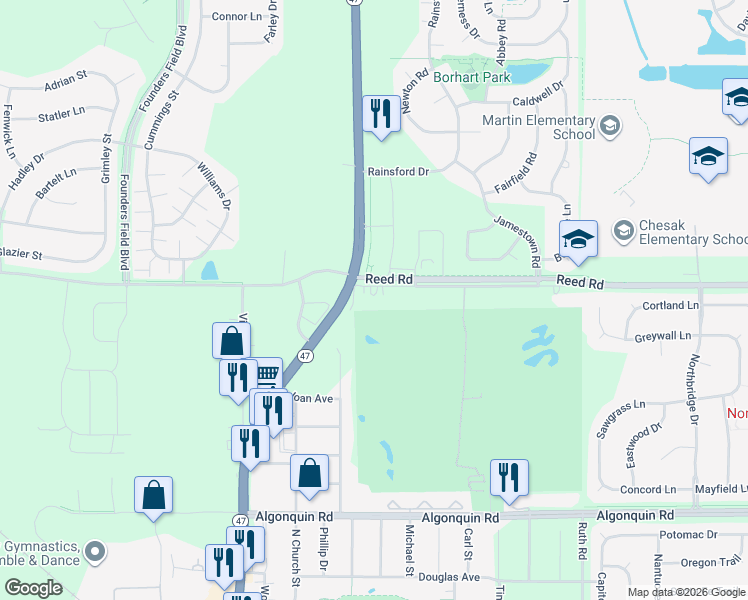 map of restaurants, bars, coffee shops, grocery stores, and more near 11515 Reed Road in Huntley