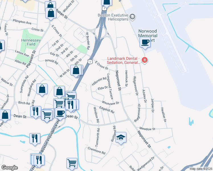 map of restaurants, bars, coffee shops, grocery stores, and more near 5 Elda Drive in Norwood
