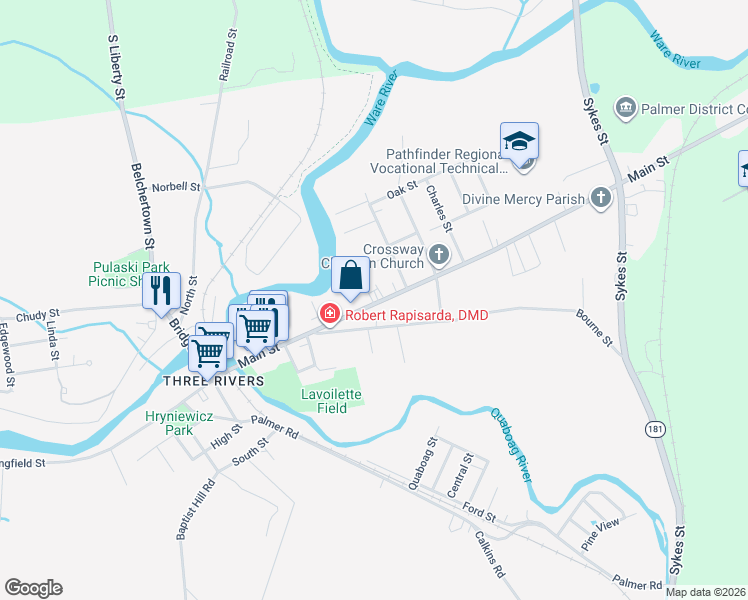 map of restaurants, bars, coffee shops, grocery stores, and more near 2170 Main Street in Palmer