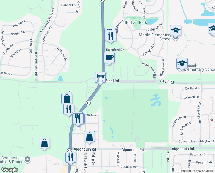 map of restaurants, bars, coffee shops, grocery stores, and more near 11515 Reed Road in Huntley