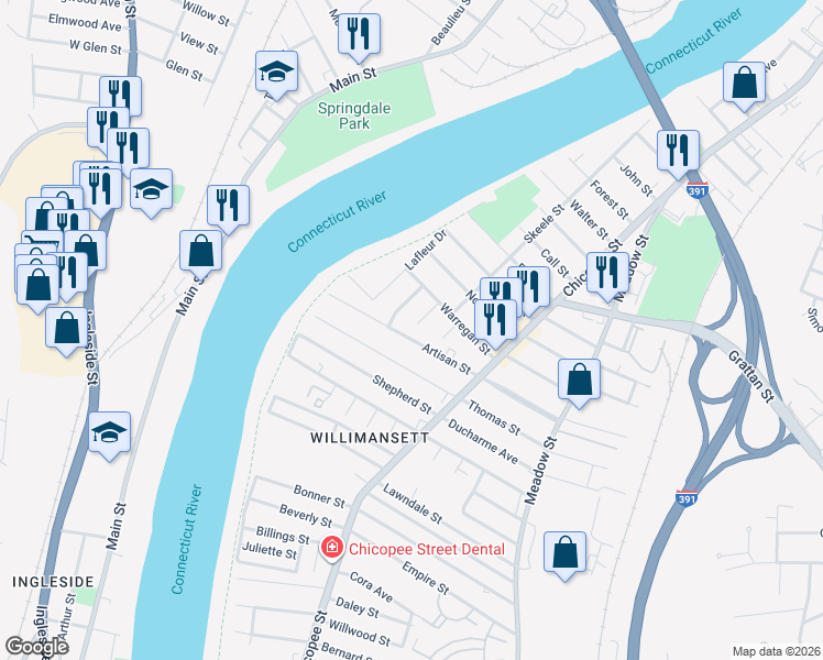 map of restaurants, bars, coffee shops, grocery stores, and more near 5 Burlingame Street in Chicopee