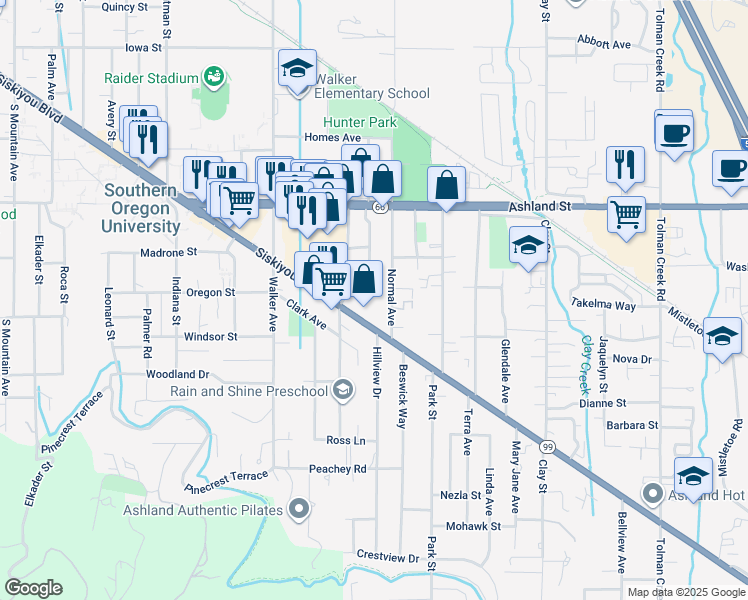 map of restaurants, bars, coffee shops, grocery stores, and more near 655 Normal Avenue in Ashland