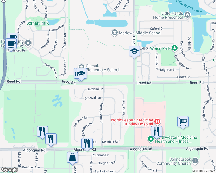 map of restaurants, bars, coffee shops, grocery stores, and more near 10710 Savannah Lane in Huntley