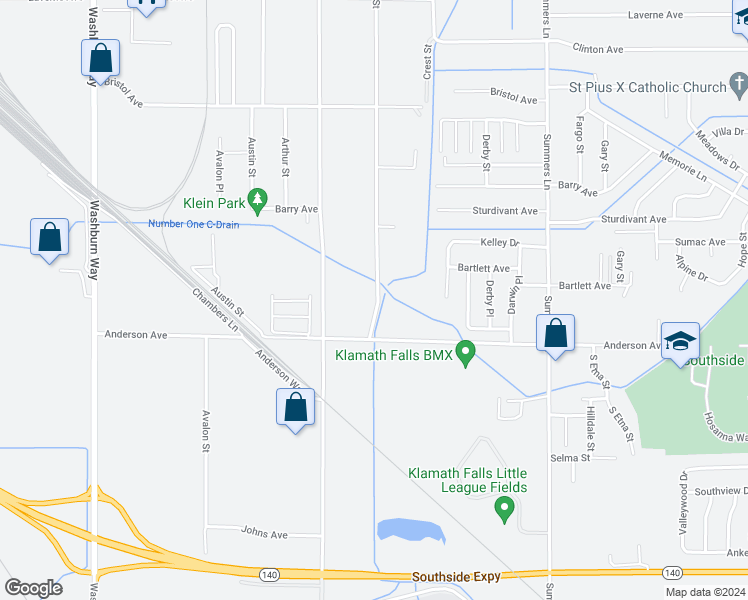 map of restaurants, bars, coffee shops, grocery stores, and more near 3629 Anderson Avenue in Klamath Falls