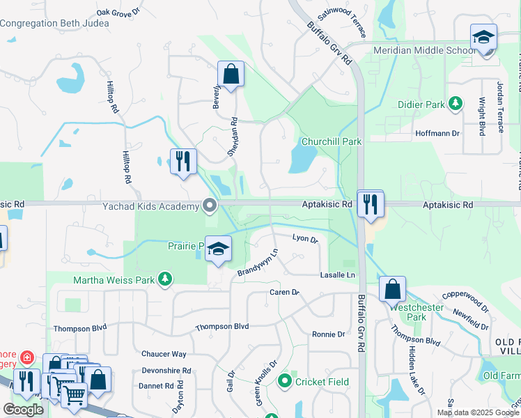 map of restaurants, bars, coffee shops, grocery stores, and more near 1804 Brandywyn Lane in Buffalo Grove