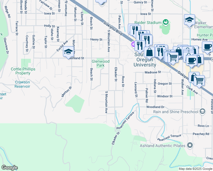 map of restaurants, bars, coffee shops, grocery stores, and more near 680 Glenwood Drive in Ashland