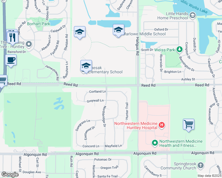map of restaurants, bars, coffee shops, grocery stores, and more near 10710 Savannah Lane in Huntley