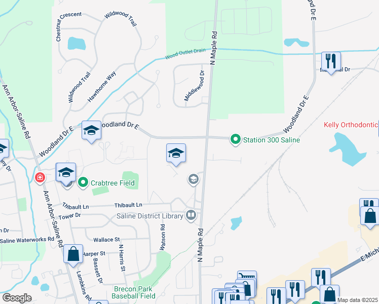 map of restaurants, bars, coffee shops, grocery stores, and more near 650 Woodland Drive East in Saline