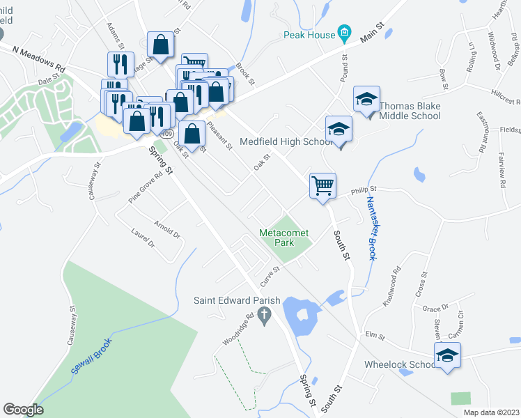 map of restaurants, bars, coffee shops, grocery stores, and more near 83 Pleasant Street in Medfield