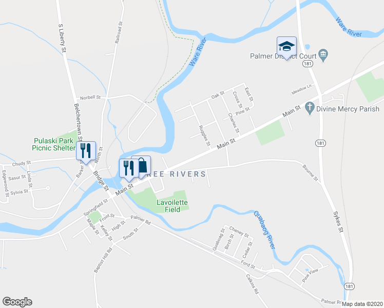 map of restaurants, bars, coffee shops, grocery stores, and more near 2168 Main Street in Palmer