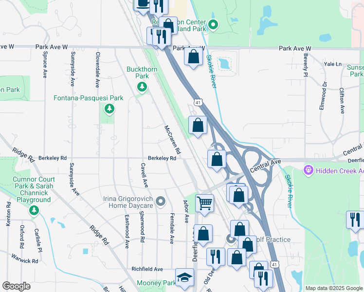 map of restaurants, bars, coffee shops, grocery stores, and more near 1641 McCraren Road in Highland Park