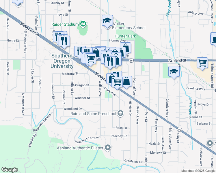map of restaurants, bars, coffee shops, grocery stores, and more near 1661 Siskiyou Boulevard in Ashland