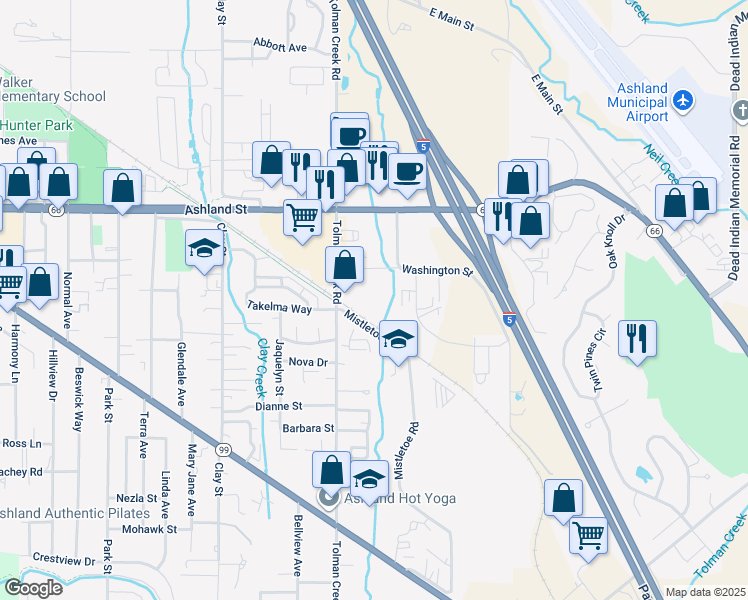 map of restaurants, bars, coffee shops, grocery stores, and more near 688 Tolman Creek Road in Ashland