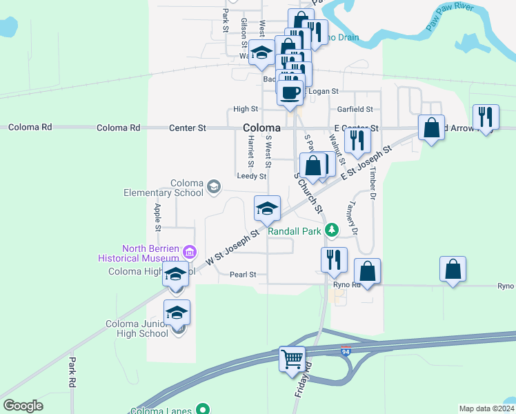 map of restaurants, bars, coffee shops, grocery stores, and more near 274 South West Street in Coloma