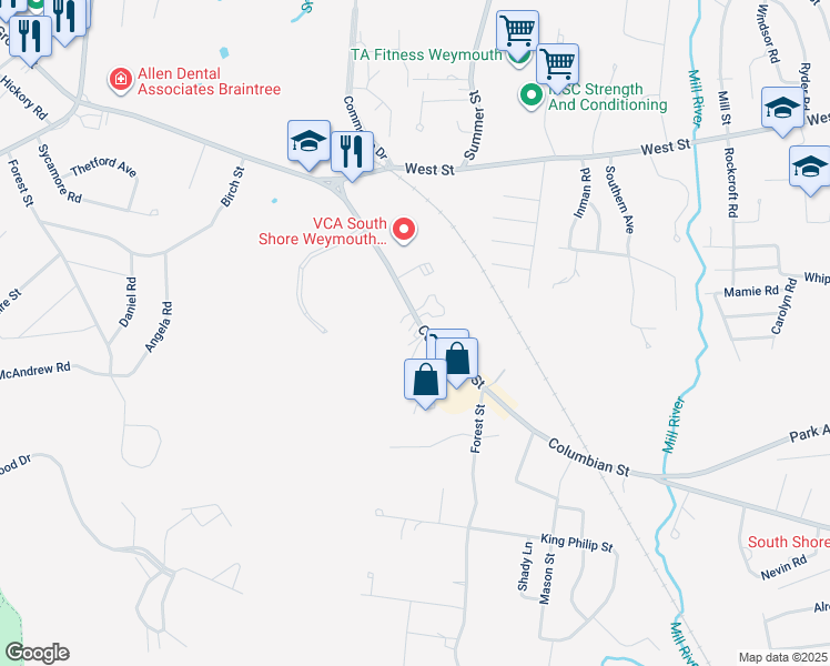map of restaurants, bars, coffee shops, grocery stores, and more near 541-549 Columbian Street in Weymouth