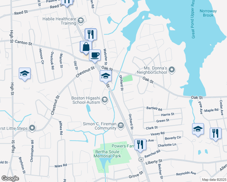 map of restaurants, bars, coffee shops, grocery stores, and more near 76 Orchard Street in Randolph