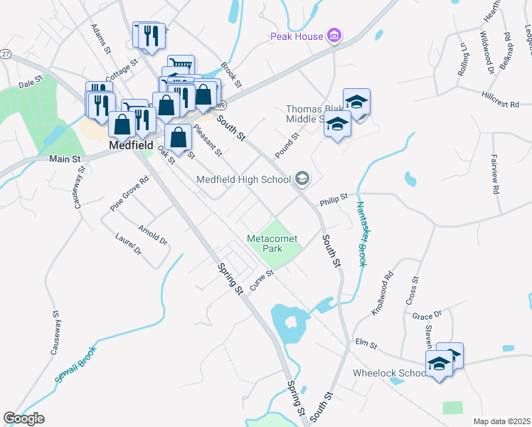 map of restaurants, bars, coffee shops, grocery stores, and more near 80 Pleasant Street in Medfield