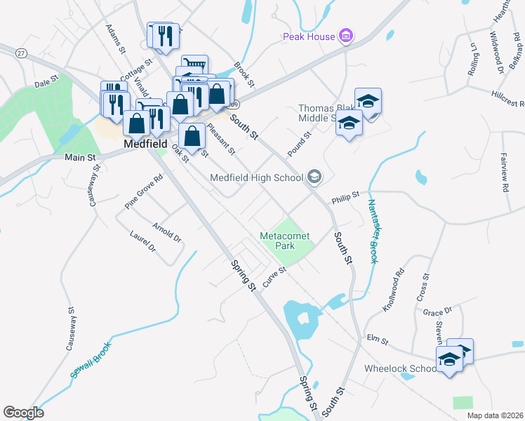 map of restaurants, bars, coffee shops, grocery stores, and more near 91 Pleasant Street in Medfield