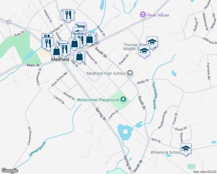 map of restaurants, bars, coffee shops, grocery stores, and more near 9 Pleasant Court in Medfield