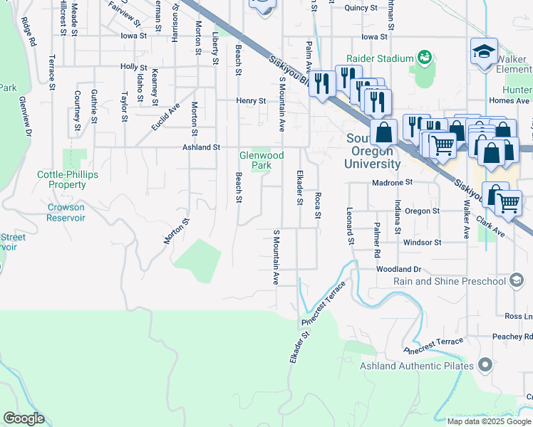 map of restaurants, bars, coffee shops, grocery stores, and more near 680 Glenwood Drive in Ashland