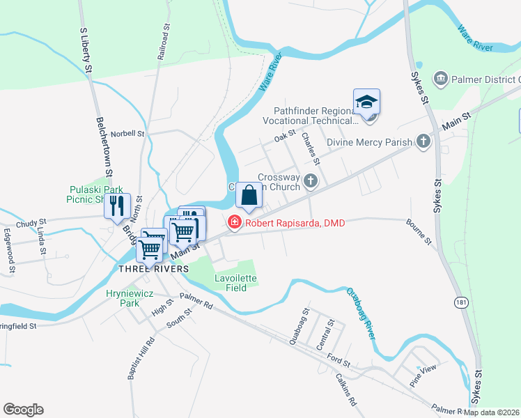 map of restaurants, bars, coffee shops, grocery stores, and more near 2170 Main Street in Palmer
