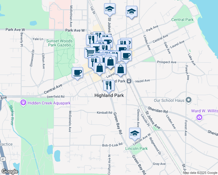 map of restaurants, bars, coffee shops, grocery stores, and more near 1647 Green Bay Road in Highland Park