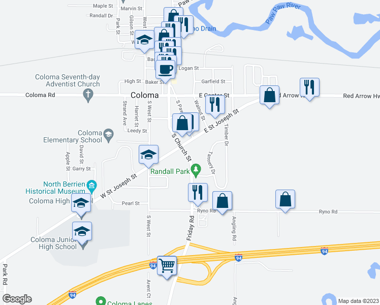 map of restaurants, bars, coffee shops, grocery stores, and more near 329 South Church Street in Coloma