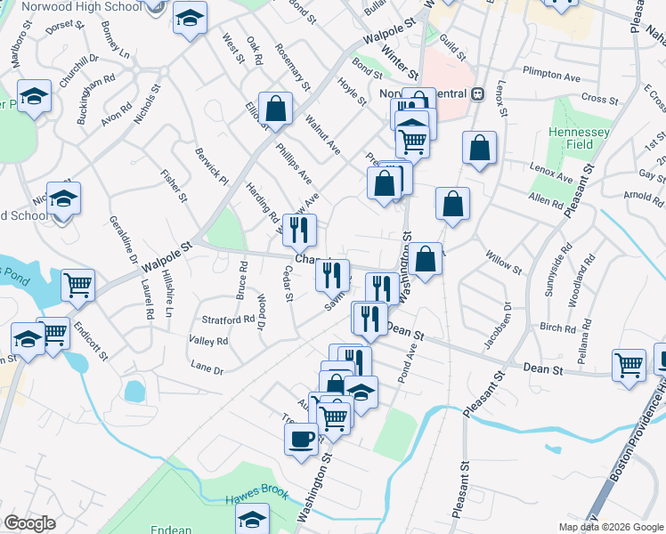 map of restaurants, bars, coffee shops, grocery stores, and more near 54 Chapel Street in Norwood