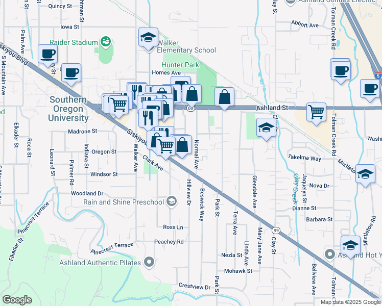 map of restaurants, bars, coffee shops, grocery stores, and more near 655 Normal Avenue in Ashland