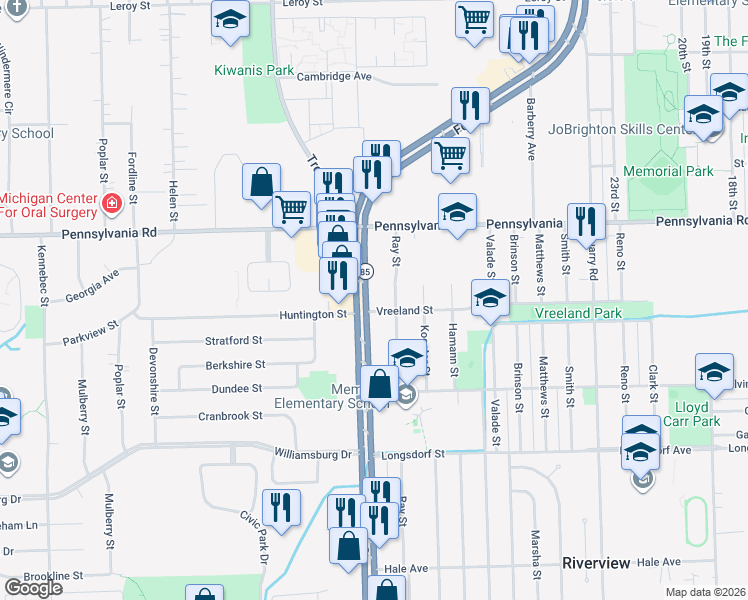 map of restaurants, bars, coffee shops, grocery stores, and more near 17130 Ray Street in Riverview
