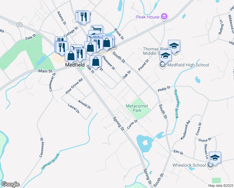 map of restaurants, bars, coffee shops, grocery stores, and more near 9 Pleasant Court in Medfield