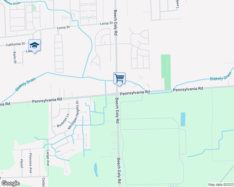 map of restaurants, bars, coffee shops, grocery stores, and more near Beech Daly Rd & Pennsylvania Rd in Taylor