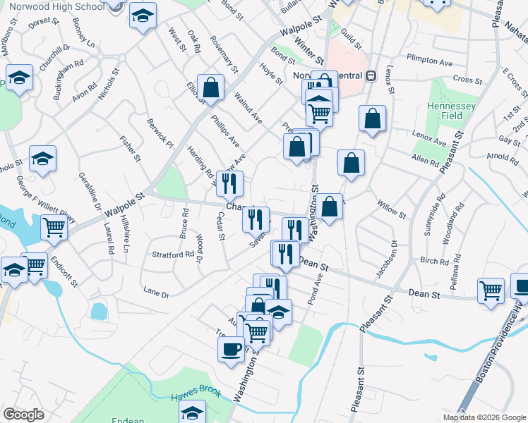 map of restaurants, bars, coffee shops, grocery stores, and more near 47 Chapel Street in Norwood